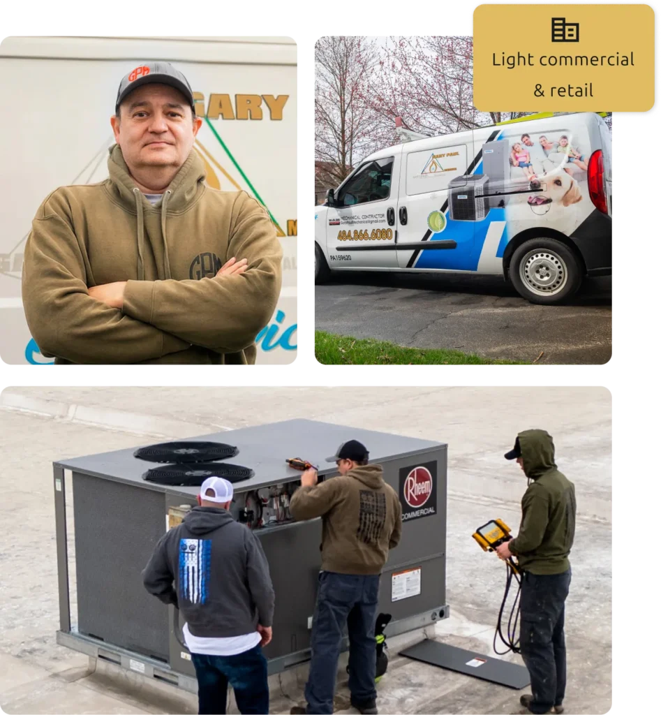 Collage of images - HVAC technician, van, technicians repairing commercial AC unit